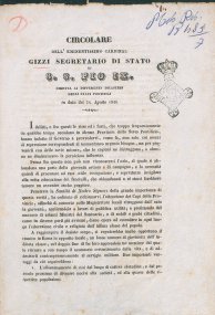 Circolare dell'eminentissimo cardinal Gizzi Segretario di Stato di S.S. Pio IX diretta ai differenti dicasteri delli Stati Pontificj in data dei 24 Agosto 1846
